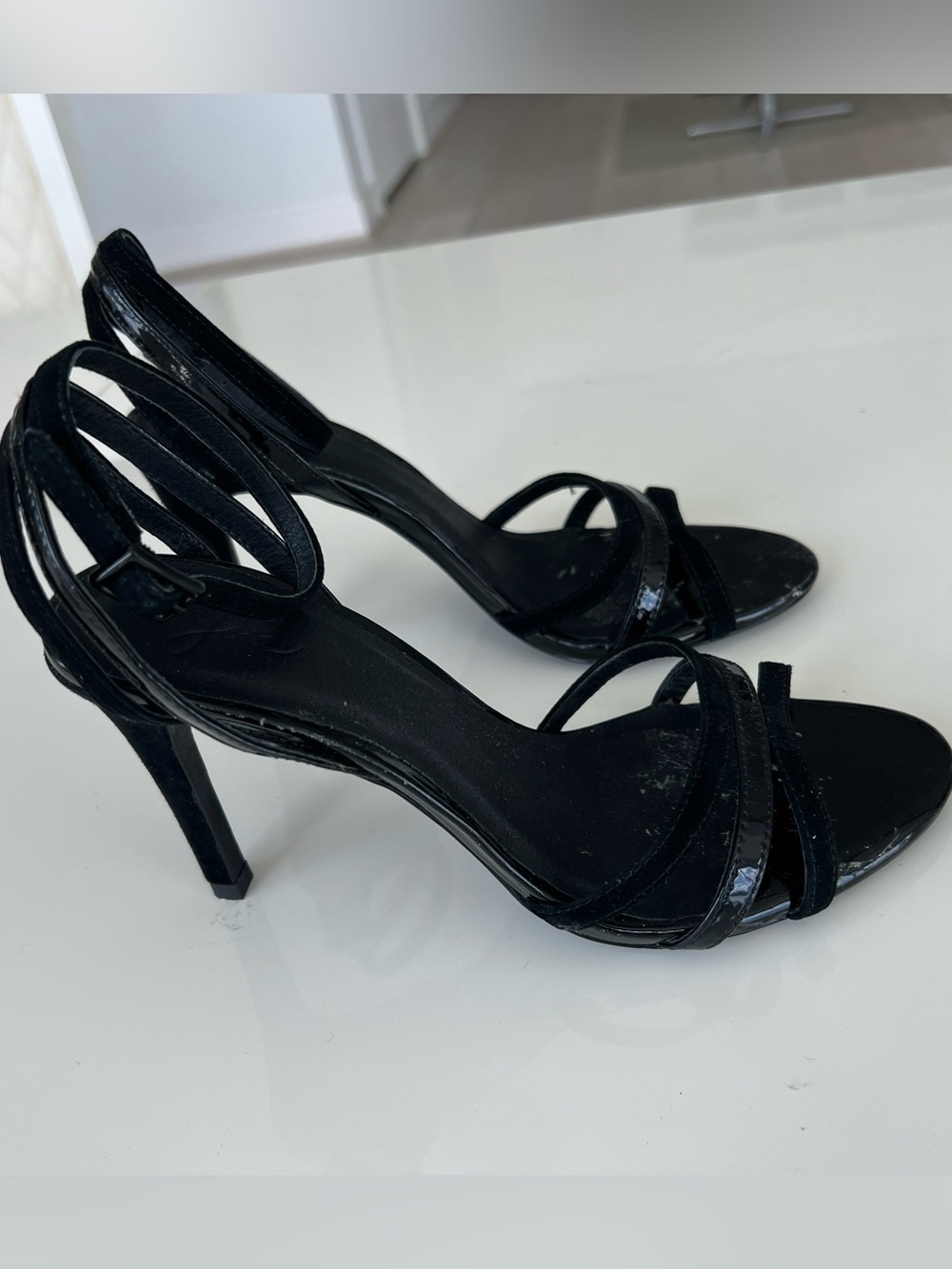 JOIE ABBOTT BLACK SUEDE PATENT LEATHER ANKLE STRAP SANDALS